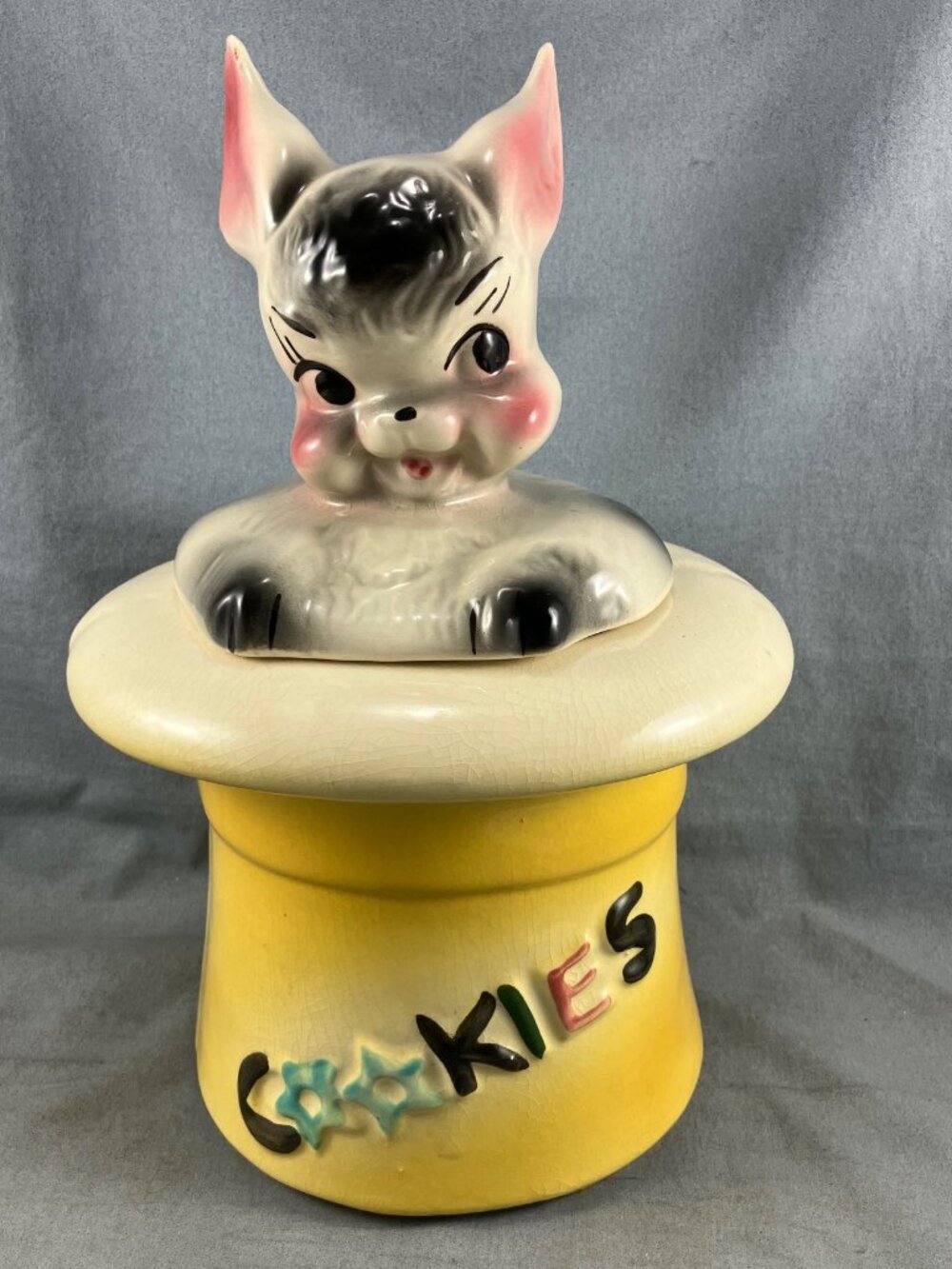 Vtg Cookie Jar Ceramic Rabbit Hat Yellow